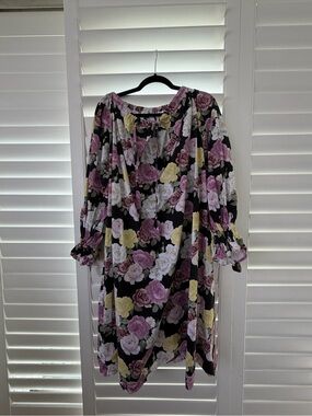 Sleeper Black Floral Long-Sleeve Off-Shoulder Dress with Pink & Yellow Roses